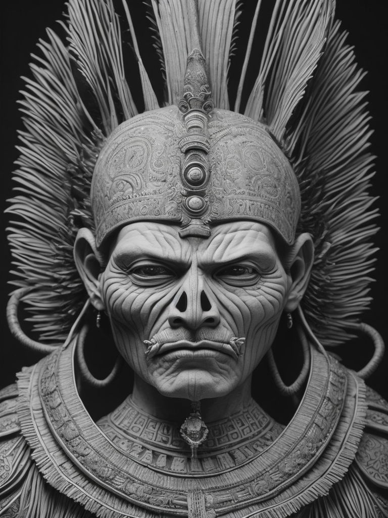 In this powerful and evocative image, mictlantecuhtli, the ancient aztec god of the underworld, emerges in all his ominous glory. rendered predominantly in stark black and white, with subtle gradations of gray, the depiction showcases the deity's menacing presence and serves as a testament to his authority. mictlantecuhtli's face embodies an intense fury, with furrowed brows and eyes ablaze with anger. his facial features are sharp and defined, with deep-set eye sockets that pierce through the darkness. elongated, bony structures form his skeletal visage, accentuating the otherworldly nature of his being. jagged teeth, stained and yellowed, protrude menacingly from his mouth, capturing his ferocity and instilling fear in those who behold him. the environment surrounding mictlantecuhtli reflects the essence of his era, transporting us to the aztec underworld known as mictlan.