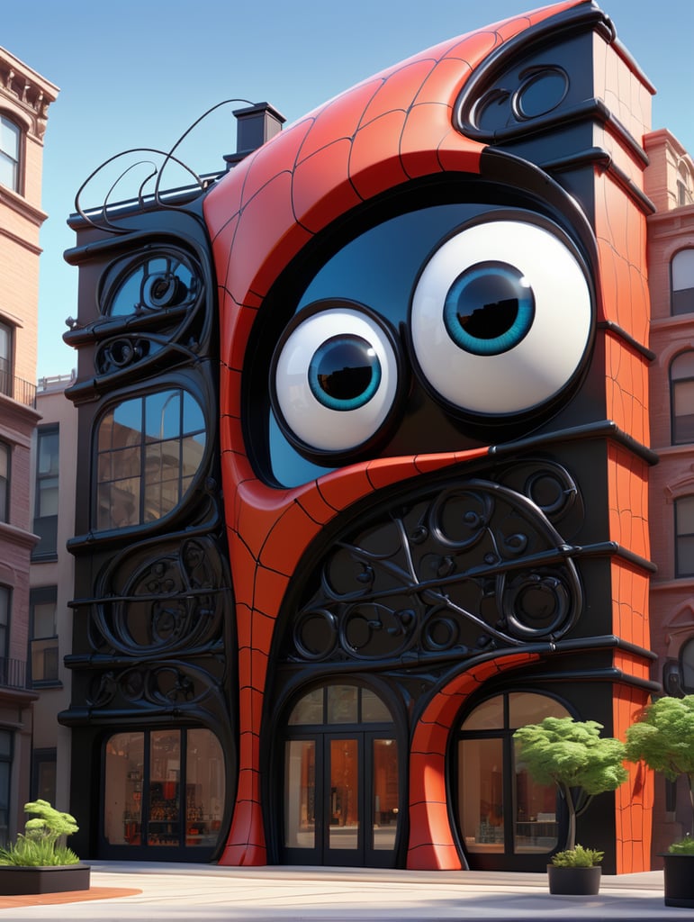 dream prompt: the craziest, bentwood, far view lens architectural modern style hyper realistic hyper detailed neocosmic exterior architecture design of a spider Fluid complex facade, geometric shapes spectrum, black::1 red:3, Antoine Blanchard architecture art style, in new york city, dramatic ambient, natural lighting, camera sony, 8k, --s1000 --style raw, you can imagine