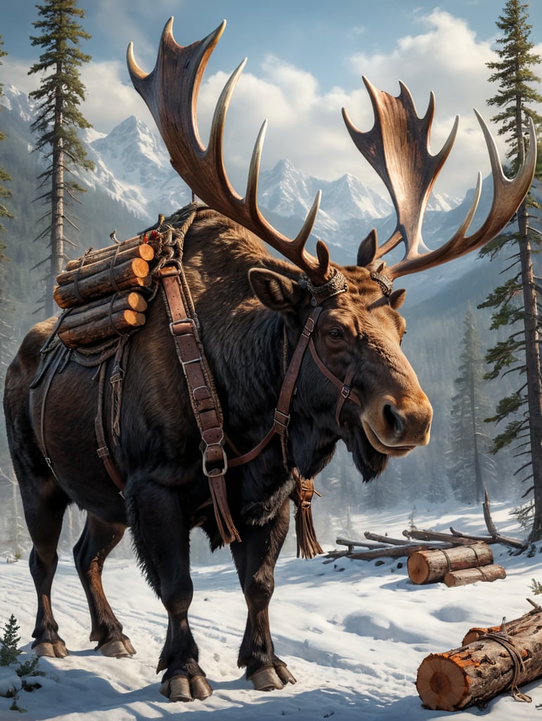 A large bull moose harnessed with leather straps hauling logs, profile view, simplified