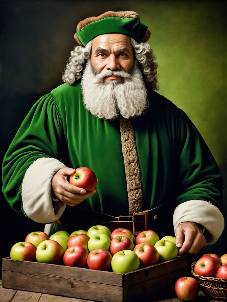 Portrait of an Italian Santa Claus in 17th century clothing holding a box of ripe apples. The apples have the right texture and green color. The box is made of dark wood with a beautiful texture.