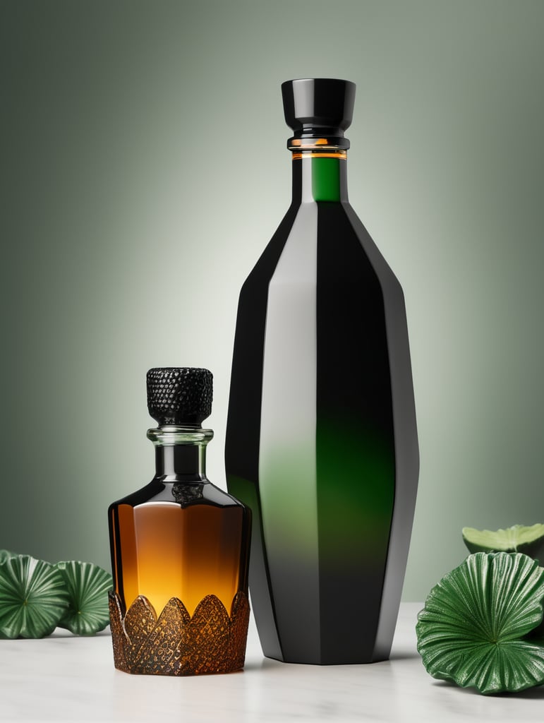 botella de tequila luxury de material ceramico negro con difuminado verde y ambar hexagonal y alta sin etiquetas, tapadera de con textura de basalto, mockup, mock up