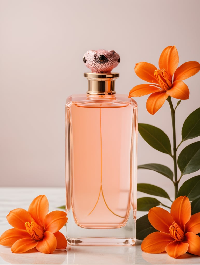 Minimalist pink perfume bottle, snake next to bottle, orange flowers