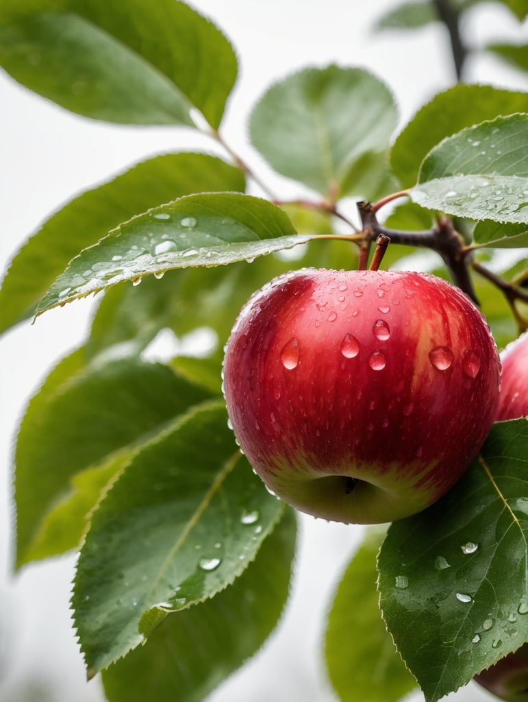 red apple with water drops on white background green leaves around closeup