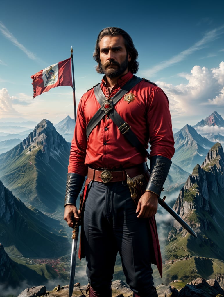 Giuseppe Garibaldi wearing red 18th century shirt, standing proud on a mountain with a flag and sword