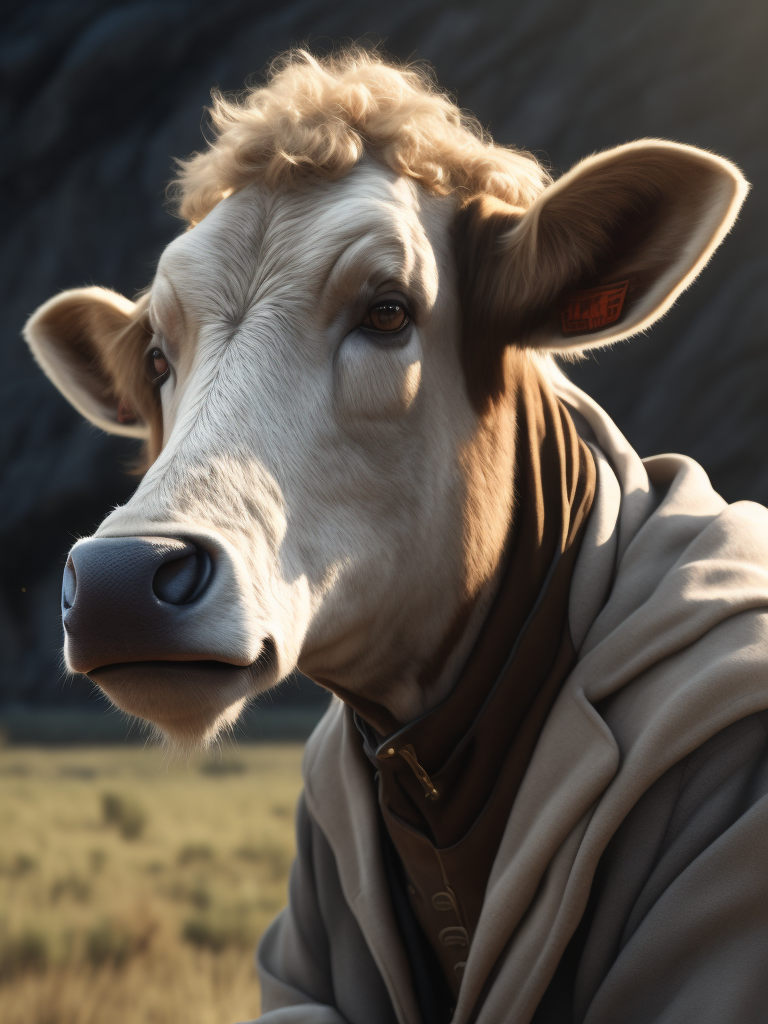 Elderly person disguised in a cow costume, CINEMATIC , DRAMATIC