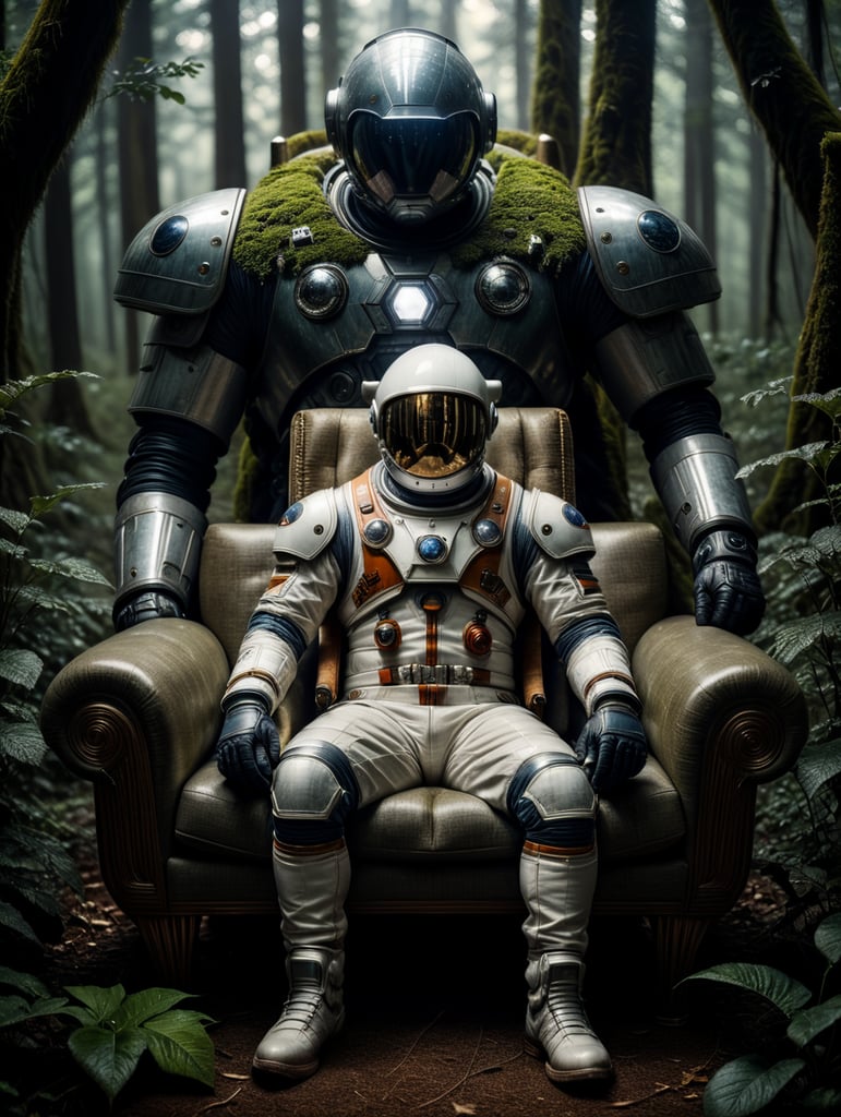 Spaceman sitting on a couch in the middle of a dark forest