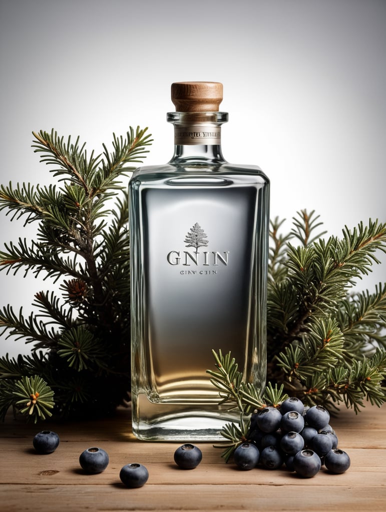 professional photography of a square gin bottle, square bottle, surrounding a juniper and juniper berries, one shot of gin in a front, no label, clear, mockup