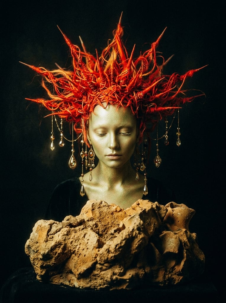 A surreal portrait of a pale ethereal being with greenish-gold skin in a black void. The figure has downcast eyes, a sprawling fiery-red spiky headdress, and dangling teardrop pendants. Soft airbrushed lighting and grainy textures highlight a sculpted tan mass in the foreground.