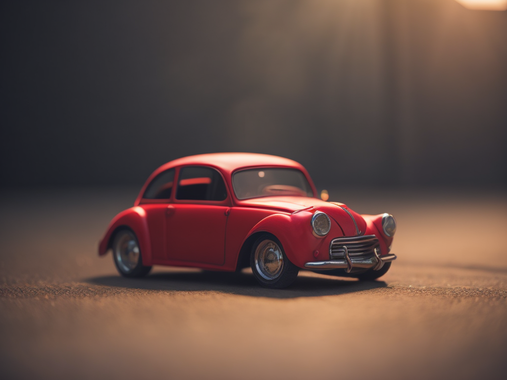 red toy car with ant on top, macro, hdr, ray tracing, global illumination, ultra realistic,