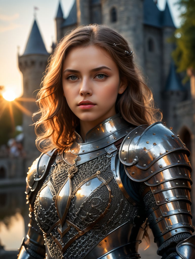 (masterpiece), (extremely intricate:1.3), (realistic photo:1.2), portrait of a girl, the most beautiful in the world, (medieval armor), (metal reflections:1.1), upper body, outdoors, intense sunlight, far away castle, professional photograph of a stunning woman detailed, sharp focus, dramatic, award winning, cinematic lighting, volumetrics dtx, (film grain, blurry background, blurry foreground, bokeh, depth of field, sunset, motion blur:1.3), chainmail