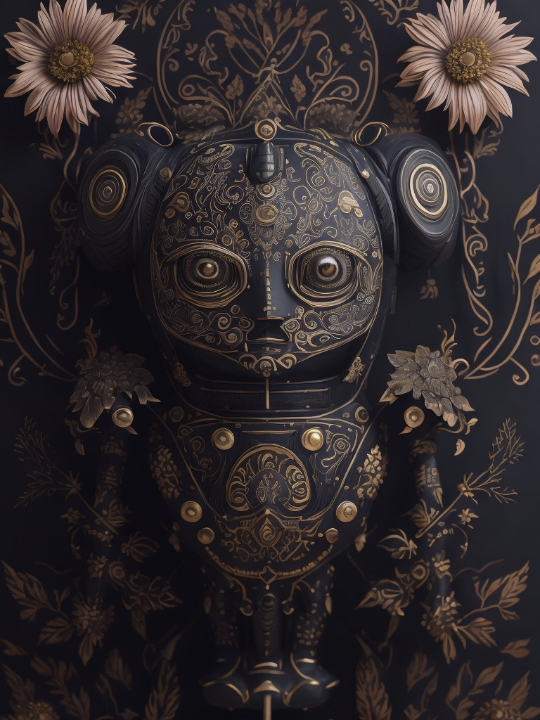 a robot is painted and decorated with flower pattern, in the style of 8k 3d, folk art-inspired illustrations, dark chiaroscuro, intricate and bizarre illustrations, maori art, close up, distinctive character design