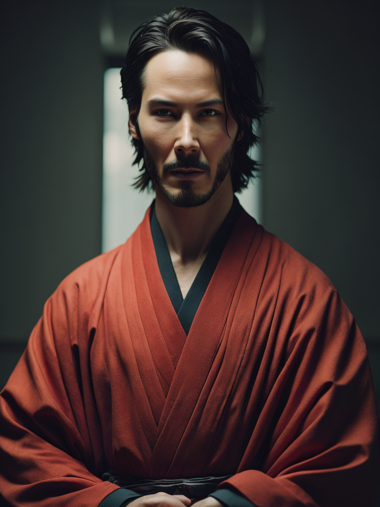 Portrait of Keanu Reeves as a samurai in a red kimono, serious look, detailed background in an oriental style, bright saturated colors