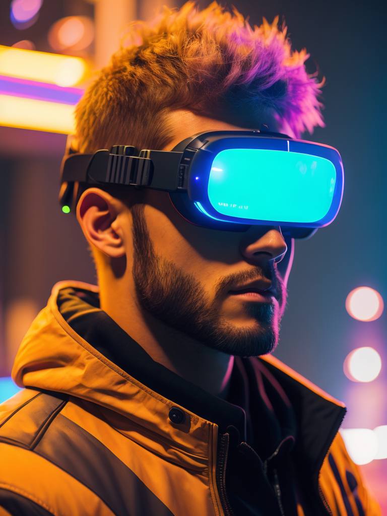 Man wearing virtual reality glasses, cyberpunk style, neon colors, bright colors, bright blue glowing glasses, sharp details, contrasting light