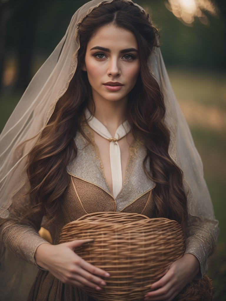 Portrait of a Beautiful women from Russian fairy tale wearing traditional costume holds wicker basket