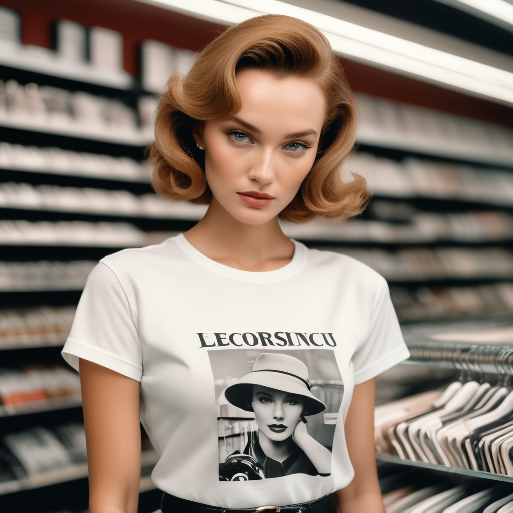Extremely detailed photographic image, grained image, beautifully composed, monochrome image, 50's fashionable image, fashionable magazine photography, leica summicron 35mm f2.0, kodak 400tx, fashion photography, fashionable model, william s. burroughs, Woman wearing blank white T-Shirt in Clothing Store Mockup, mock up