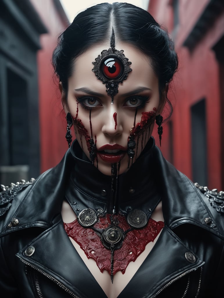 full body shot cinematic still, artist: joaquin sanchez el amante, in the style of digital manipulation, mouth, nails on head, leather coat, fantastic grotesque, close - up shots, horror film, tanya shatseva, images of the artist on flickr with her mouth in black and a broken eye, in the style of detailed science fiction horror, piercings, red, zombie eyes, hooks in skin, baroque - influenced drama, creepypasta, heavy shadows, intricate imagery, david croneberg, lovecraftian, colorized, photo by Petra Collins