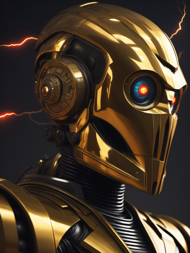 Robot illustration with two faces in the same face, bipolar face, cinematic lightning, like c3po star wars
