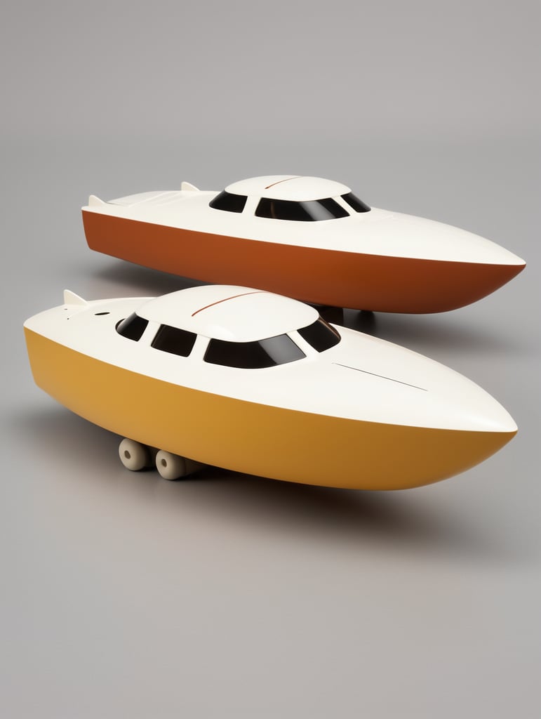 Toy chubby 1950s high speed racing boat designed by Dieter Rams. Simplistic minimalist post modernist product design. Oak top and injection molded plastic. Full object in view.