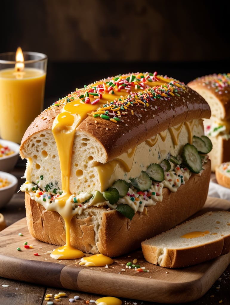 roti long john dengan toping meses dan keju yang melayang jatuh ke roti, shot dengan camera sony a7 mark iii, lensa leica f1.8 77mm, super resolusi