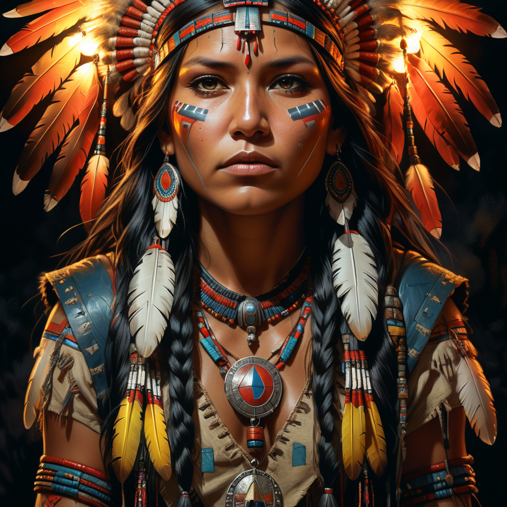 American Indian girl flat style, portrait,Oil Painting style,dramatic night lights, comics