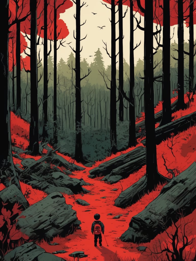 little boy lost in the forest in the style of Francesco Francavilla, red and black colors, bright colors,