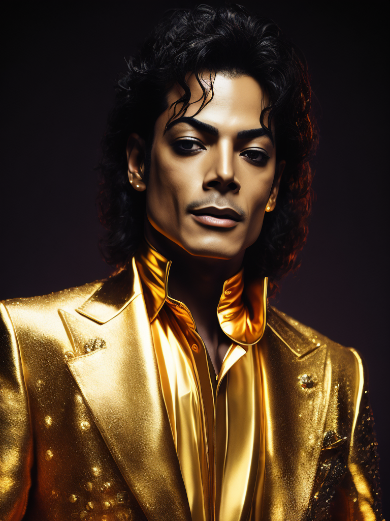 Portrait of Michael Jackson dressed in golden chrome suit, dark gradient background, Vivid saturated colors, Contrast light, studio photo, professional photo, Detailed image, detailed face
