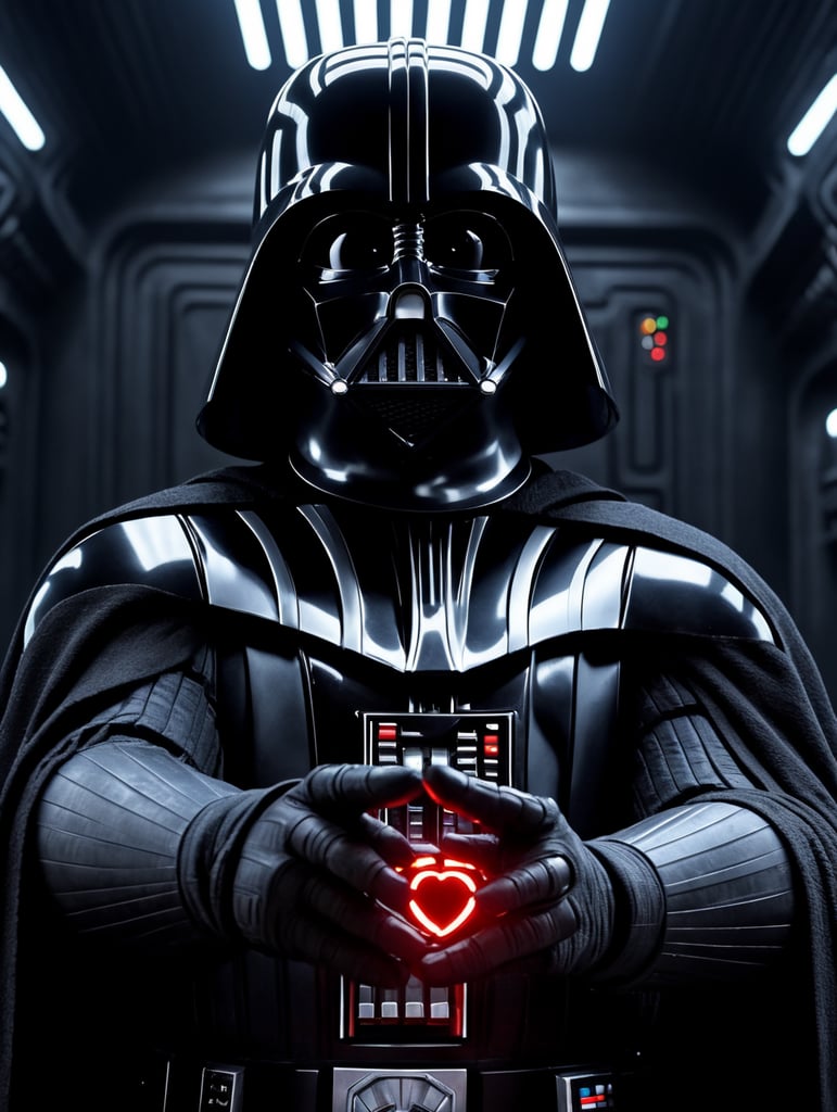 Darth Vader making hand heart gesture using his hand and luke skywalker's hand to the Death Star