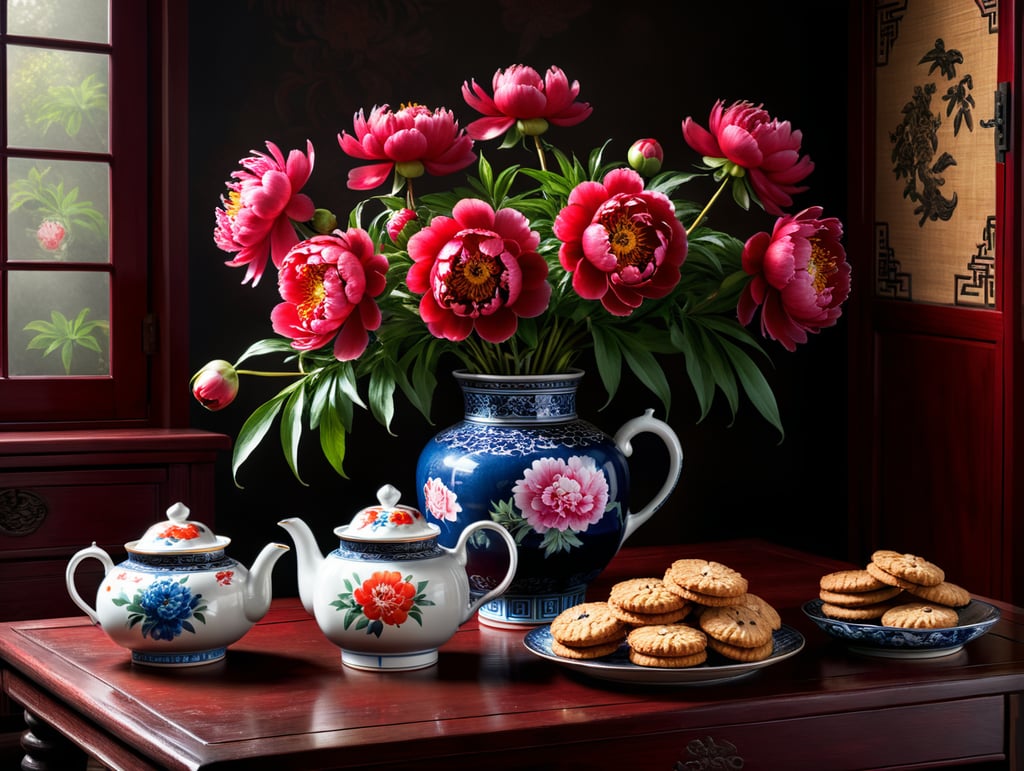 Red Peony flowers, Traditional Chinese flower vase,Traditional Chinese teapot,beautiful wooden table,box of cookies,Still life images arranged harmoniously