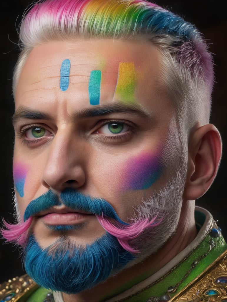 white blond man with make up in rainbow colors, black eyes, blue mustache, pink brows, green beard, realistic