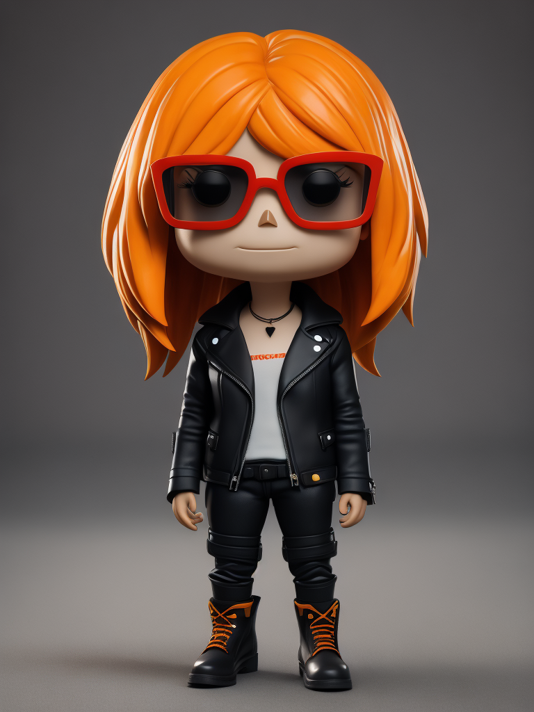 Full body Plastic figurine of a brutal chick with Red hair, black glasses, leather jacket, black boots, 3d octane render, funko pop, gradient background, orange backlight