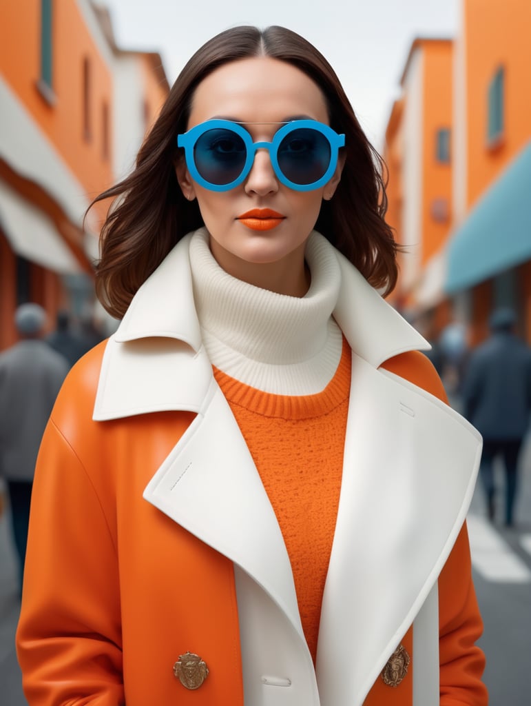 Front face half body photography, in a suburb, Pope Francis wearing a orange color sweater and wide open white coat and large sunglasses walking in the street, 360 degree view, art by sergio lopez, natalie shau, james jean and salvador dali