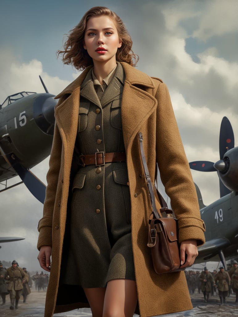world war 2 era girl in an all-wool mackinaw, on a blank background.