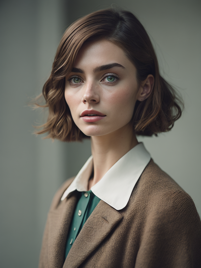 portrait of twenty years old girl with green eyes, 1964 year, sixties, 1960's haircut, Britain culture, light and pastel colours, 8k, kodak film colour, 35mm lens