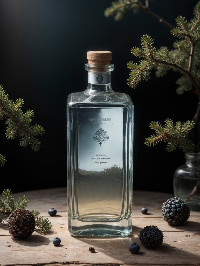 professional photography of a square gin bottle, square bottle, surrounding a juniper and juniper berries, one shot of gin in a front, no label, clear, mockup