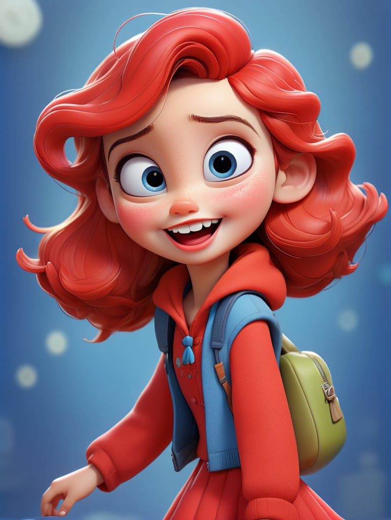 photo happy little girl going to travel, cute girl, dressed in all red, blue background, harpers bizarre, cover, headshot, hyper realistic