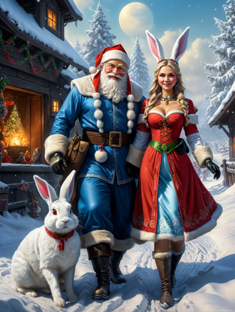 New year's card, Santa Claus and Snow Maiden, rabbit, deere, by Justin Gerard and Greg Rutkowski
