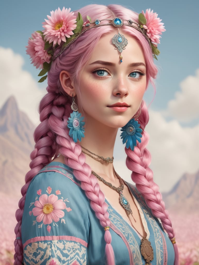 In RPG character drawing style. Young human woman with clearly visible llama ears holding aloft on her head. She has blue eyes. Pink hair styled in two braids. She wears an old medallion around her neck where a flower is represented. Her head is topped with a simple flower crown. She is wearing a long, light bohemian style dress with a floral pattern.