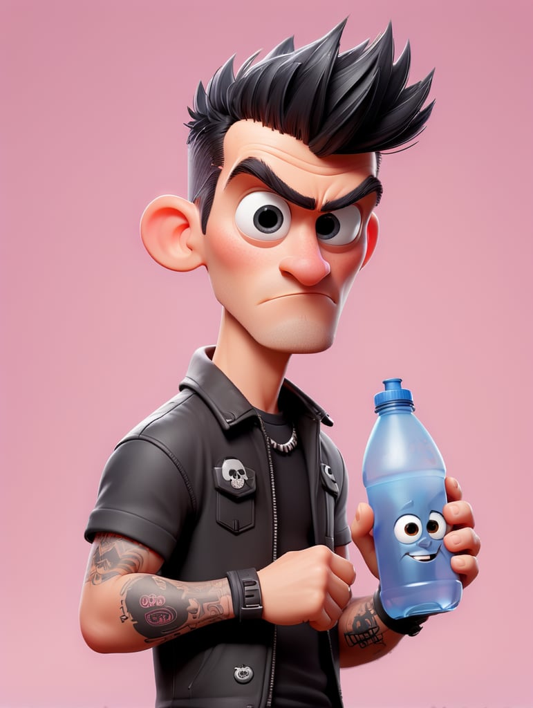 a punk designer holds in his hand a water bottle, isolated, light pink background