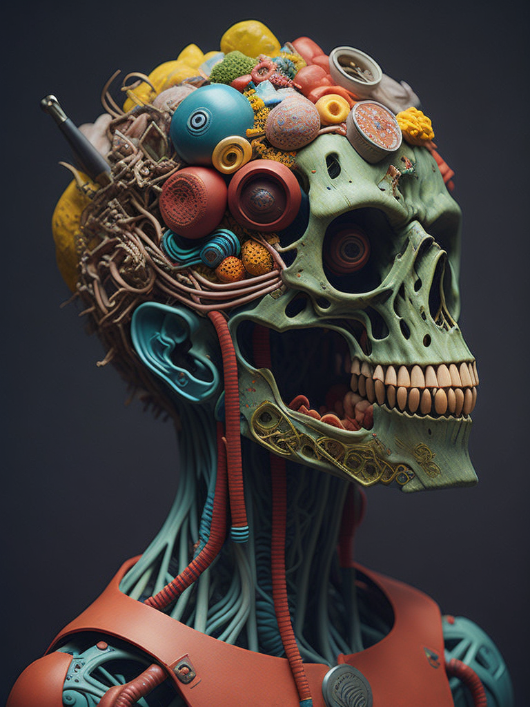 The anatomy of a zoombie head made of junk food, an ultrafine detailed painting by james jean, octopath traveler, behance contest winner, vanitas, angular, altermodern, surreal