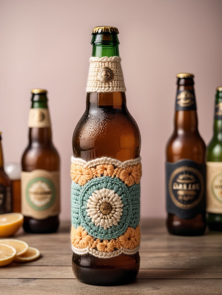 crochet beer bottle cute pastel colours, mockup, mock up