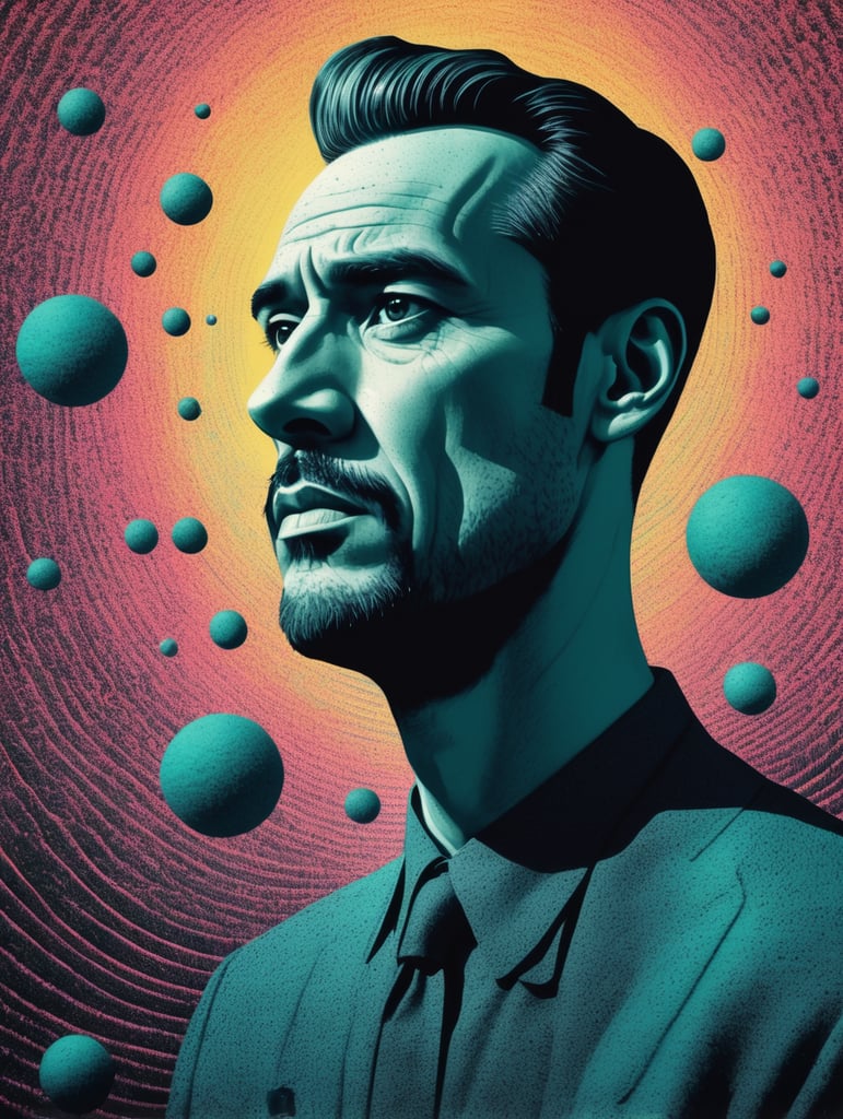 an illustration of a man, animation, halftone print, made of felt, abstract surrealism, surreal, neo-expressionism, hyper-detailed