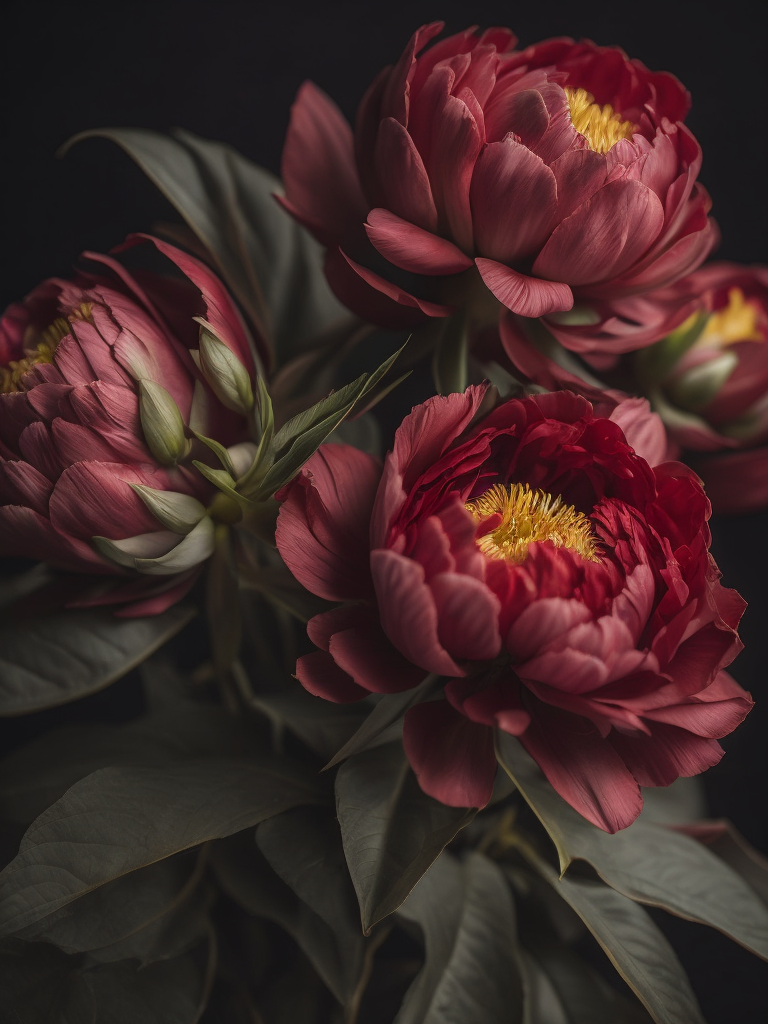 beautifully red peonys, bright and natural colors, elegant, highly detailed, sharp focus, bright expressive, incredibly high detailed, with black background