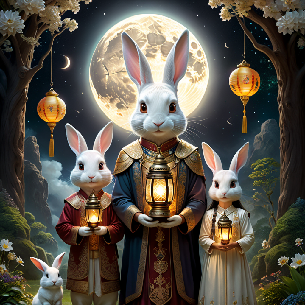 “Visualize a celestial family living in a magical realm, lit by the ever-present glow of a majestic moon. Picture a human mother, ethereal and radiant, standing beside her enchanted rabbit partner, both adorned in cosmic garments. They are the proud parents of their unique half-breed children, who combine human heads with rabbit ears and have bodies that are a harmonious blend of both parents. Set this magical family against the backdrop of an illuminating moon, surrounded by fantastical elements like floating lanterns, twinkling stars, and mystical flora. Capture the joy and love on the faces of each family member as they celebrate a special festival of their own. For visual cues: Human Mother: Elegant and radiant, perhaps holding a magical artifact. Rabbit Father: Standing upright, human-size clad in cosmic attire, holding a lantern imbued with moonlight. Children: A delightful blend of their parents, featuring human faces with rabbit ears, rabbit nose and half breed.
