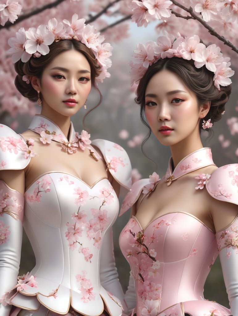 foto setengah badan dua perempuan dengan pakaian seperti ratu bunga sakura, epic details, realistic, raytracing, photorealistic, realistic human photo, ultra realistic, masterpiece