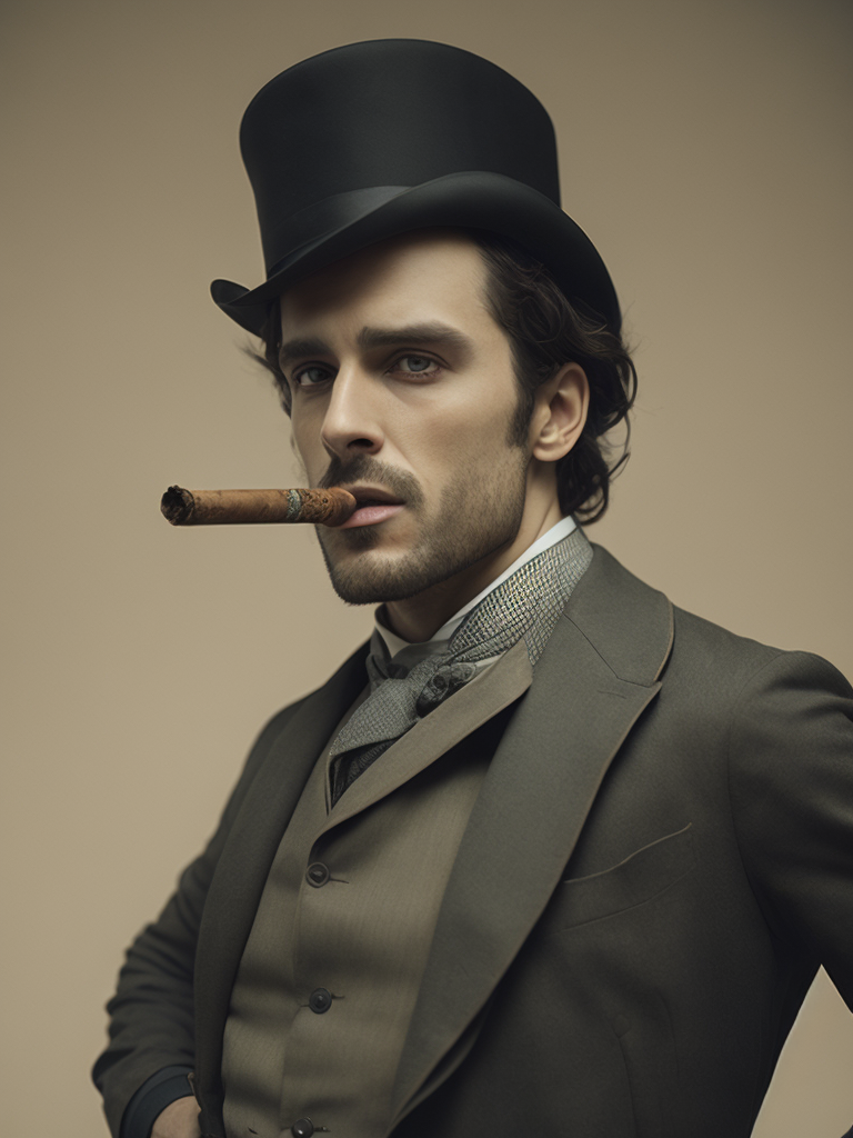 Vintage portrait of a man in a top hat and a buttoned frock coat and with a cigar in his mouth, Aggressive look, sharp focus, highly detailed