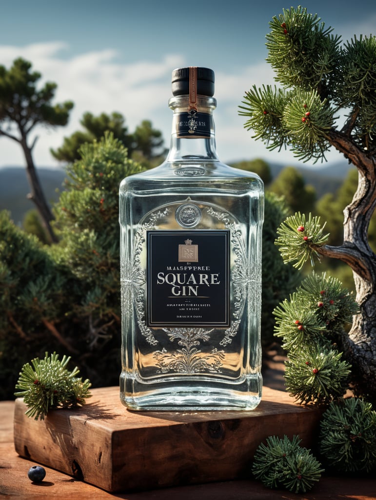 professional photography of a square gin bottle, square bottle, surrounding a juniper and juniper berries, one shot of gin in a front, no label, clear, mockup