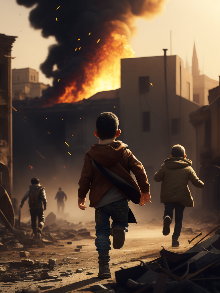 hyper-realistic, ultra-detailed of a syria kids running from big explosions of the house in the background, depth of field, sunlight fractal details, depth of field, HOF, hall of fame, apocalyptic environment, trending on Artstation, 64k, ultra-detailed, ultra-accurate detailed, surrealism, dark, dust, sparks, apocalypse