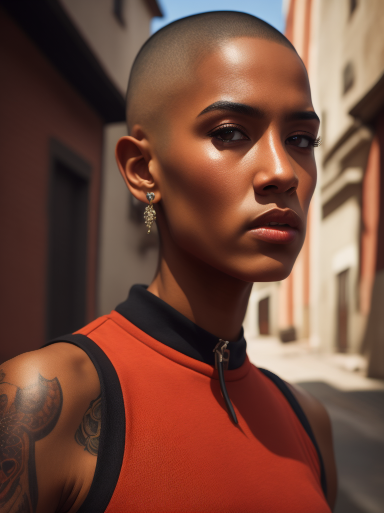 beautiful indigenous teen girl, buzz cut, tattoos, gang member, sleeveless red shirt,in an alley