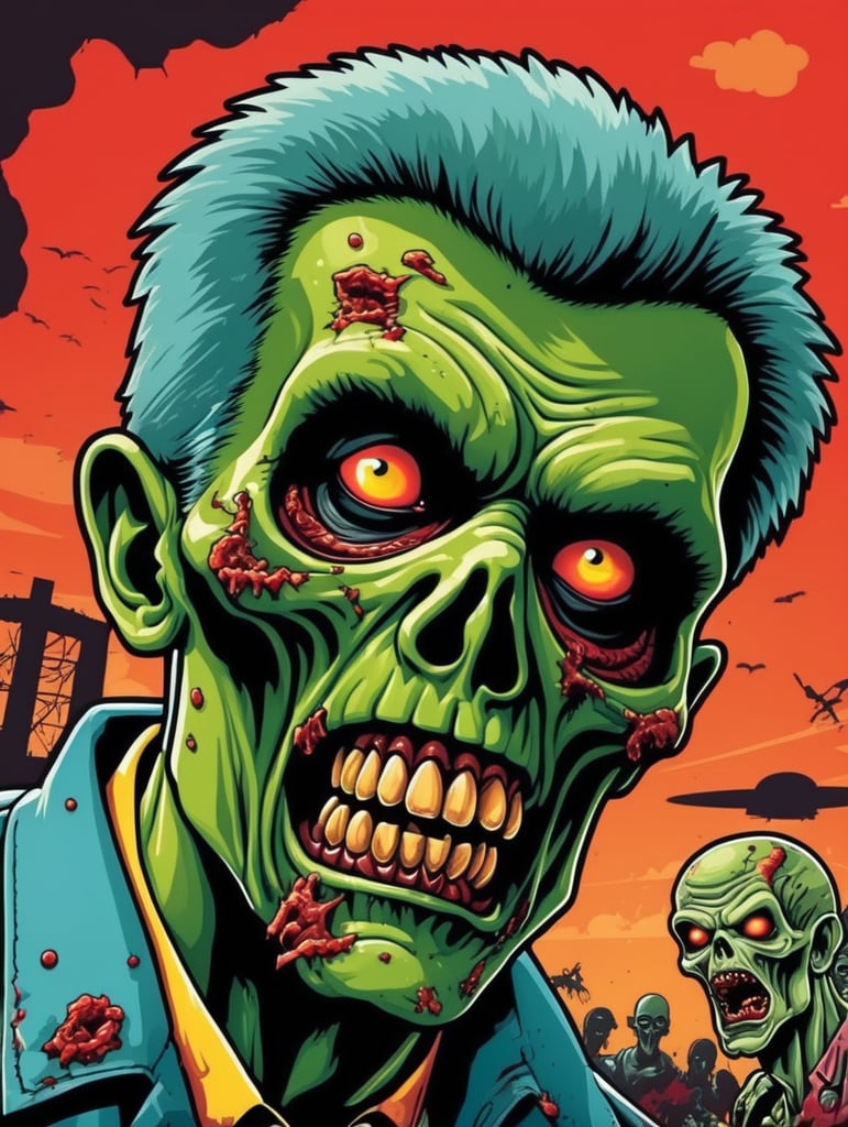 Pop art illustration, cut-out sticker design, zombie vs aliens