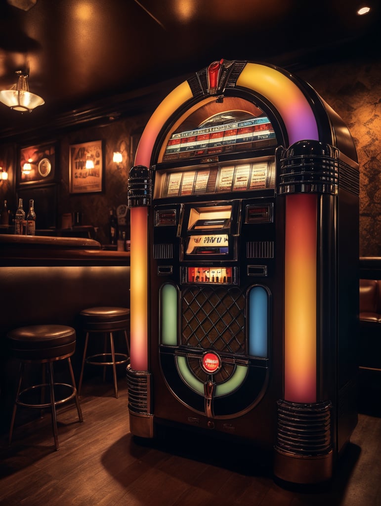 Retro jukebox in a bar, sharp focus, highly detailed,